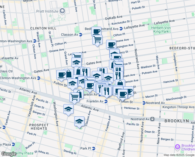 map of restaurants, bars, coffee shops, grocery stores, and more near 123 Putnam Avenue in Brooklyn