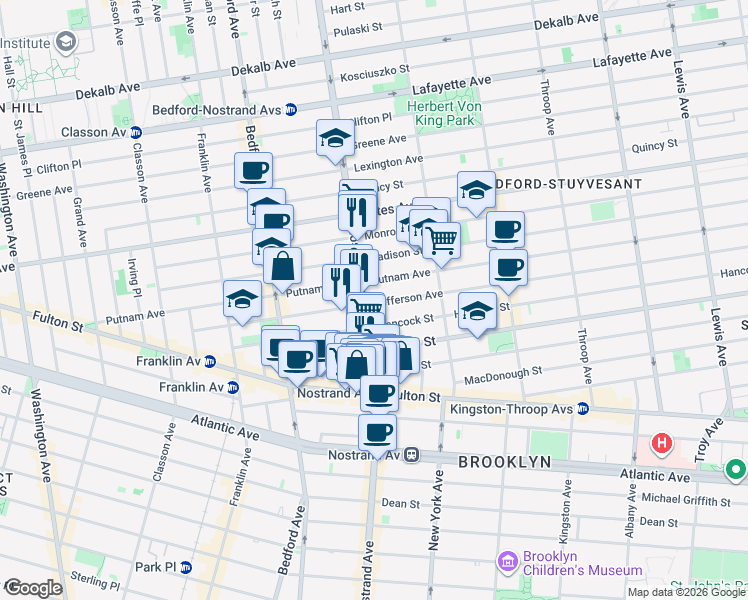 map of restaurants, bars, coffee shops, grocery stores, and more near 425 Nostrand Avenue in Brooklyn
