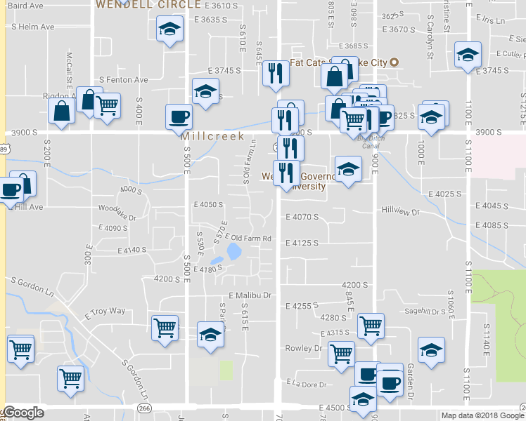 map of restaurants, bars, coffee shops, grocery stores, and more near 657 East 4065 South in Murray