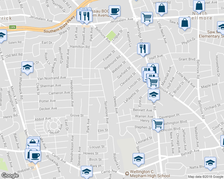 map of restaurants, bars, coffee shops, grocery stores, and more near 1448 Dewey Avenue in North Bellmore