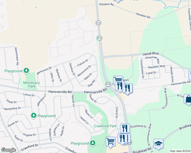 map of restaurants, bars, coffee shops, grocery stores, and more near 5329 Seip Road in Bethlehem