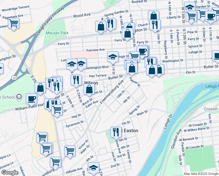 map of restaurants, bars, coffee shops, grocery stores, and more near 437 South 19 Street in Easton
