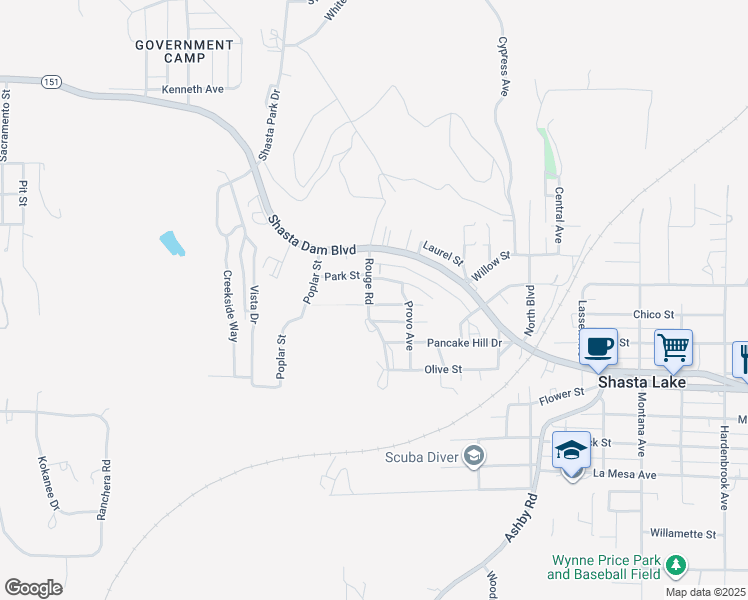 map of restaurants, bars, coffee shops, grocery stores, and more near 1391 Rouge Road in Shasta Lake