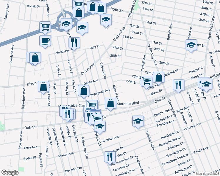 map of restaurants, bars, coffee shops, grocery stores, and more near 60 Caboto Avenue in Copiague
