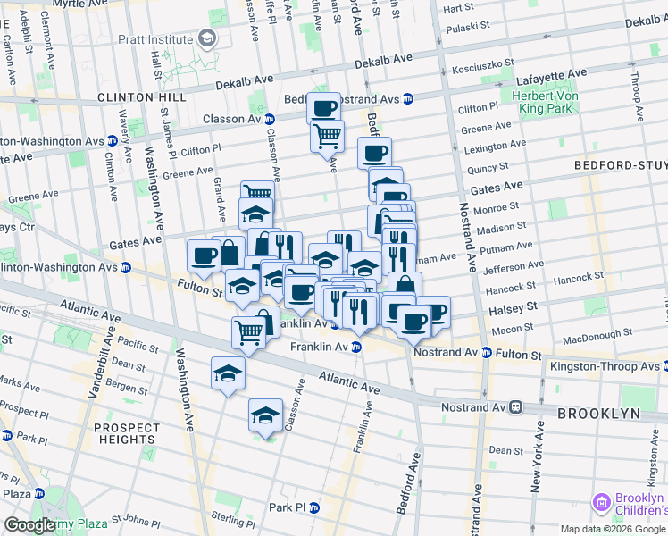 map of restaurants, bars, coffee shops, grocery stores, and more near 129 Putnam Avenue in Brooklyn
