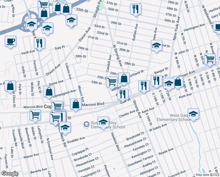 map of restaurants, bars, coffee shops, grocery stores, and more near 1355 Bangor Street in Copiague
