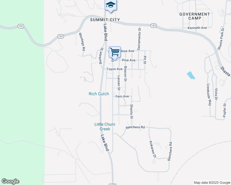 map of restaurants, bars, coffee shops, grocery stores, and more near 13607 Hill Boulevard in Shasta Lake