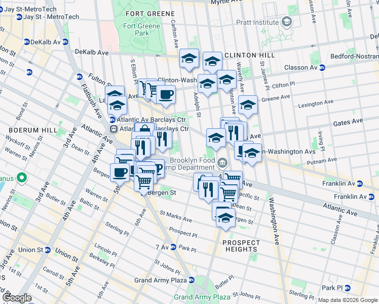 map of restaurants, bars, coffee shops, grocery stores, and more near 460 Carlton Avenue in Brooklyn
