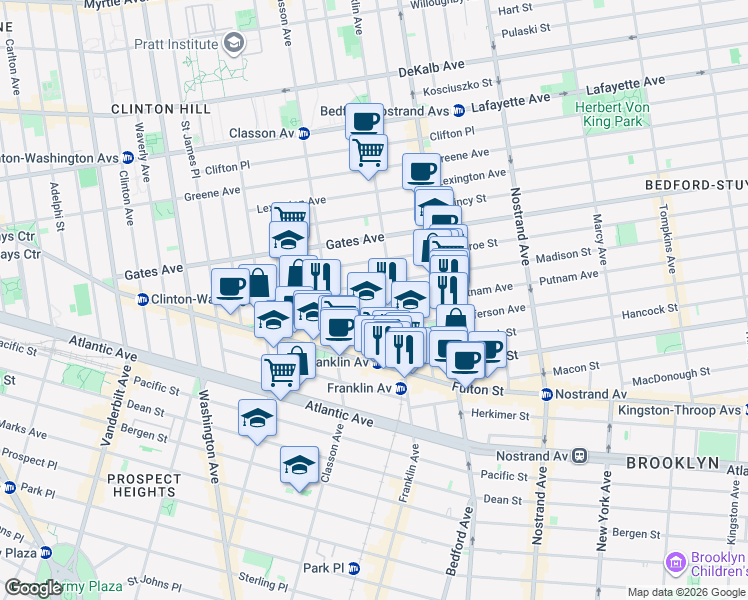 map of restaurants, bars, coffee shops, grocery stores, and more near 3 Claver Place in Brooklyn