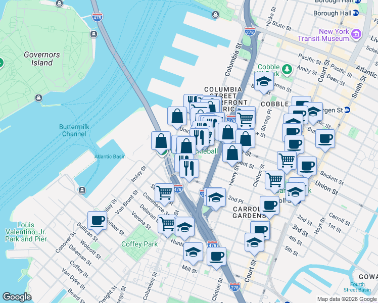 map of restaurants, bars, coffee shops, grocery stores, and more near 50 Carroll Street in Brooklyn