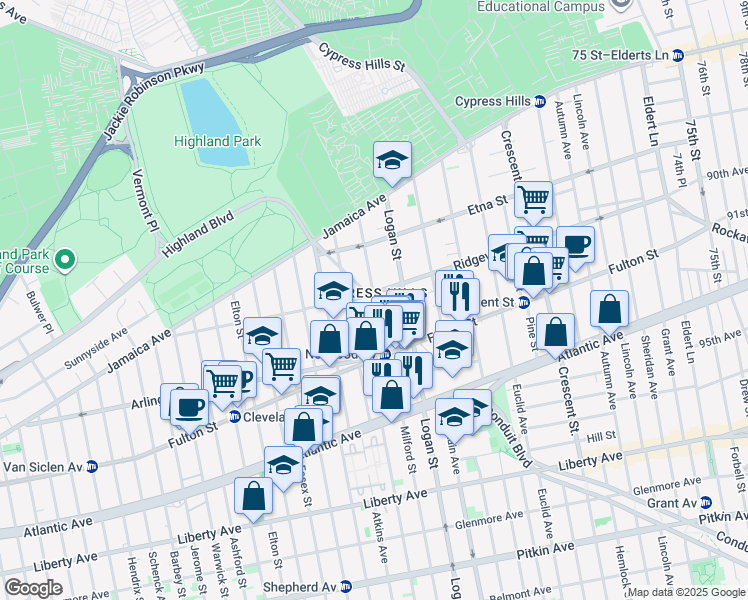 map of restaurants, bars, coffee shops, grocery stores, and more near Force Tube Avenue in Brooklyn