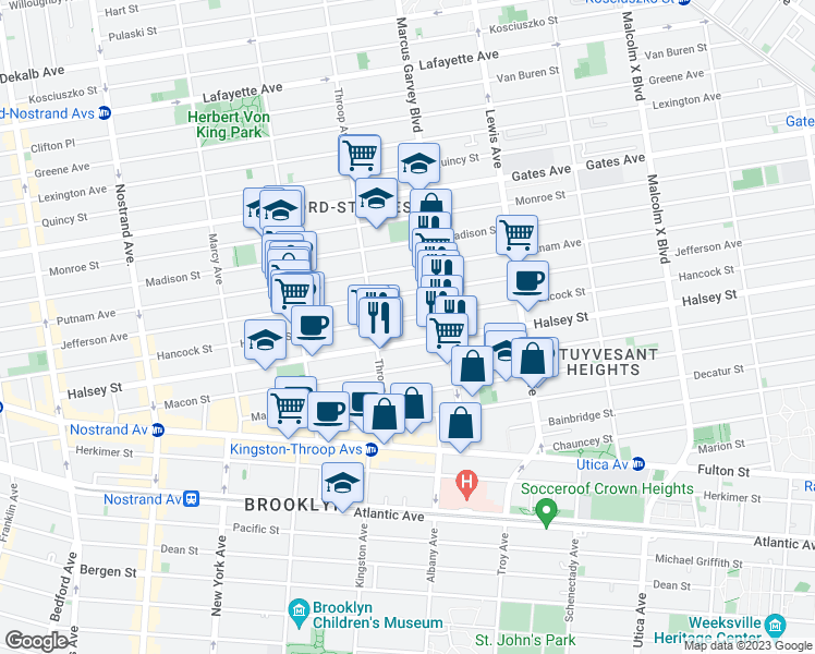 map of restaurants, bars, coffee shops, grocery stores, and more near 402 Hancock Street in Brooklyn