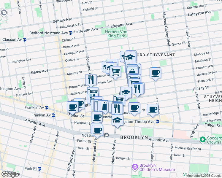 map of restaurants, bars, coffee shops, grocery stores, and more near 258 Jefferson Avenue in Brooklyn