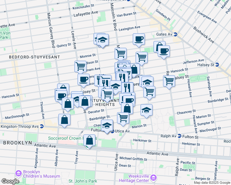 map of restaurants, bars, coffee shops, grocery stores, and more near 529 Macon Street in Brooklyn