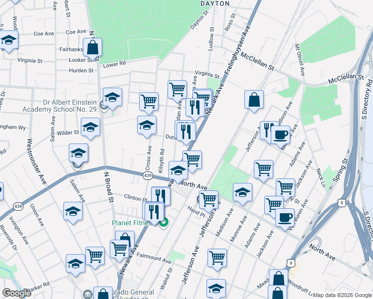 map of restaurants, bars, coffee shops, grocery stores, and more near 849 Sheridan Avenue in Elizabeth