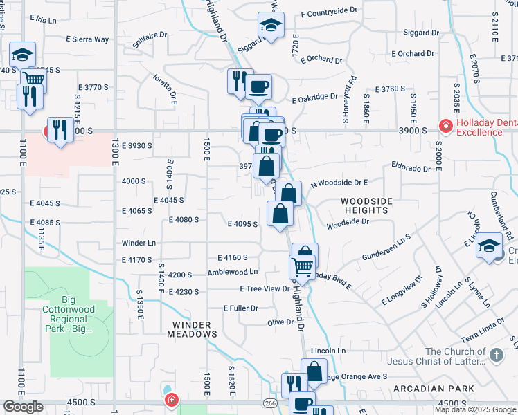 map of restaurants, bars, coffee shops, grocery stores, and more near 4055 South 1610 East in Millcreek