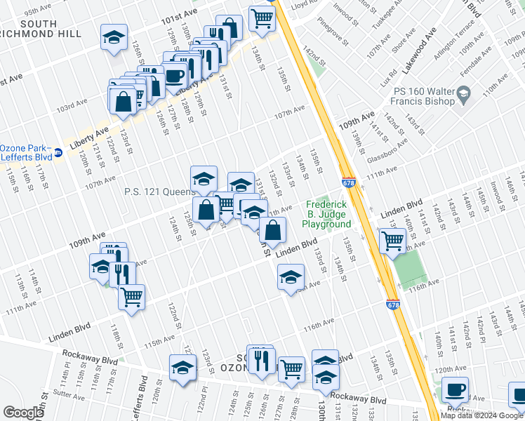 map of restaurants, bars, coffee shops, grocery stores, and more near 109-60 131st Street in Queens