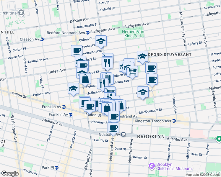 map of restaurants, bars, coffee shops, grocery stores, and more near 425 Nostrand Avenue in Brooklyn