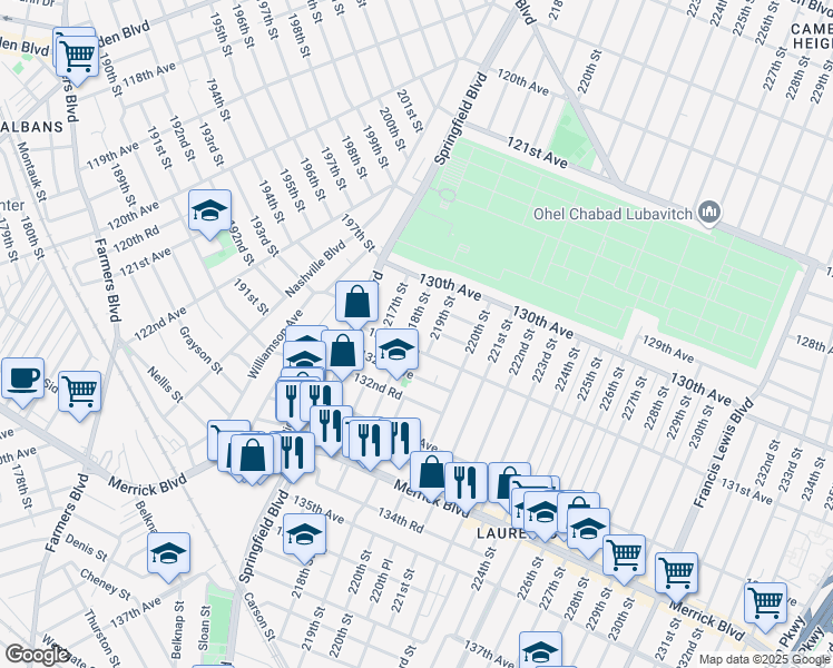 map of restaurants, bars, coffee shops, grocery stores, and more near 218-05 131st Avenue in Queens
