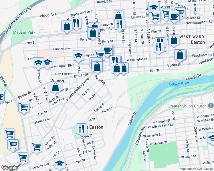 map of restaurants, bars, coffee shops, grocery stores, and more near 813 Palmer Street in Easton