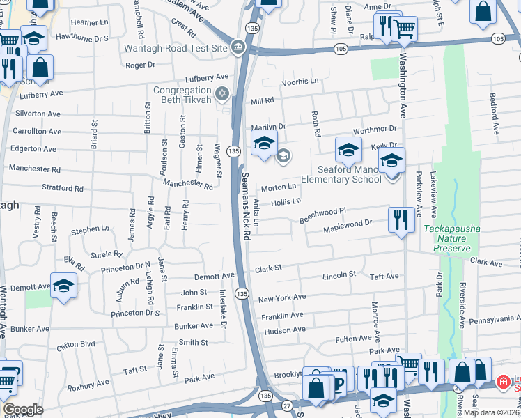 map of restaurants, bars, coffee shops, grocery stores, and more near 1623 Anita Lane in Seaford