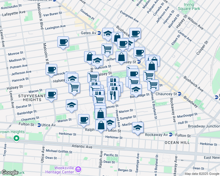 map of restaurants, bars, coffee shops, grocery stores, and more near 644 MacDonough Street in Brooklyn