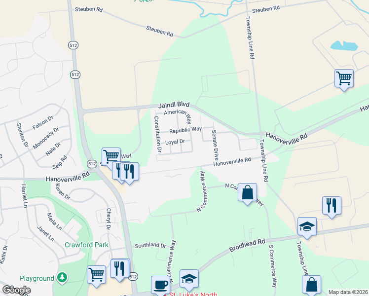 map of restaurants, bars, coffee shops, grocery stores, and more near 5319 Presidents Drive in Bethlehem