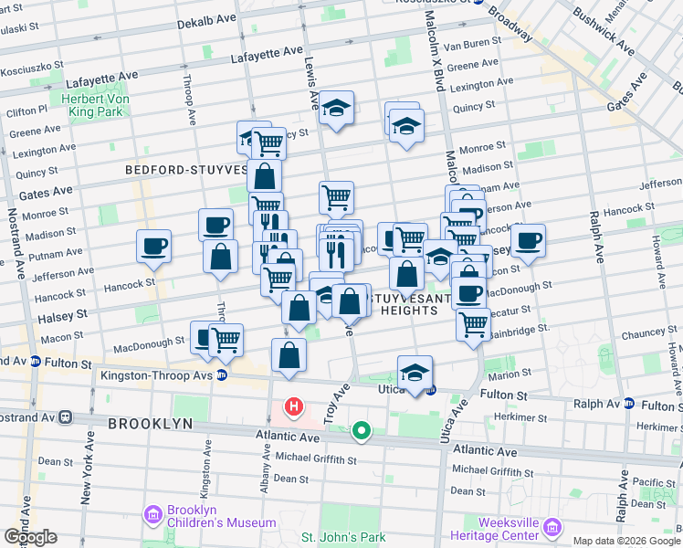 map of restaurants, bars, coffee shops, grocery stores, and more near Halsey St & Lewis Ave in Brooklyn