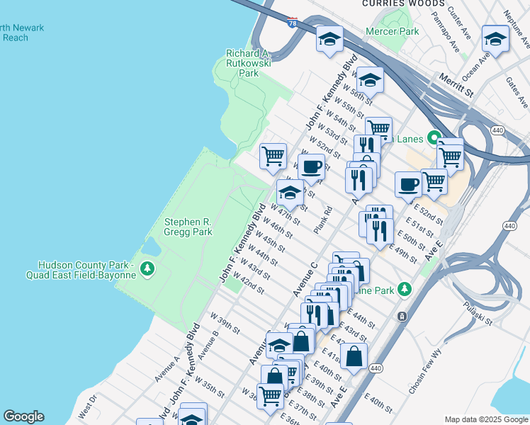 map of restaurants, bars, coffee shops, grocery stores, and more near 1084 John F. Kennedy Boulevard in Bayonne