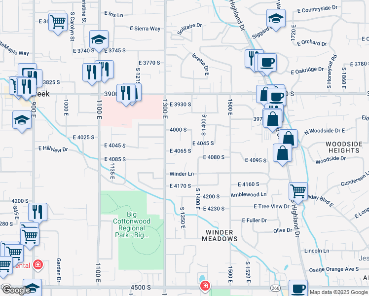 map of restaurants, bars, coffee shops, grocery stores, and more near 1376-1378 East 4065 South in Millcreek