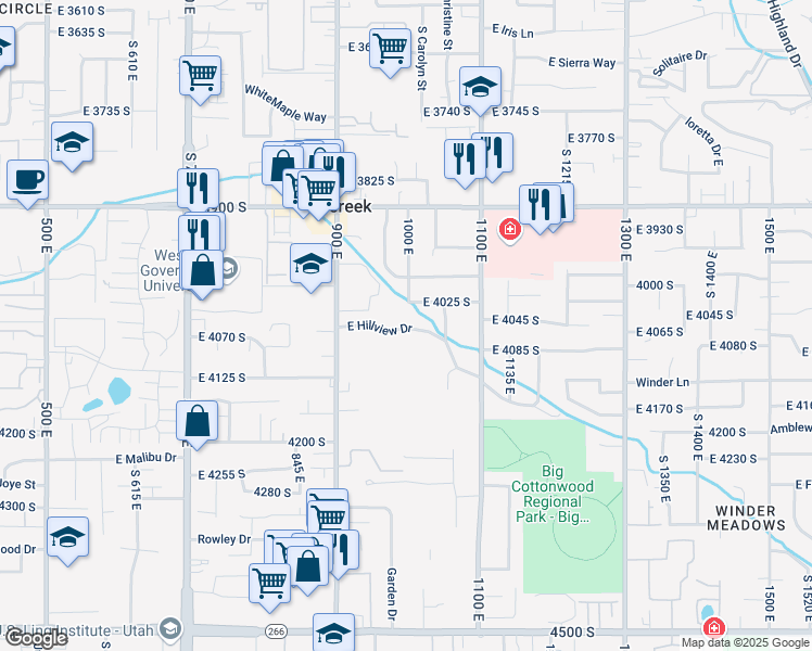map of restaurants, bars, coffee shops, grocery stores, and more near 1008 Hillview Drive in Millcreek