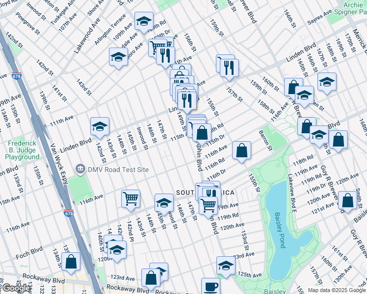 map of restaurants, bars, coffee shops, grocery stores, and more near 115-39 148th Street in Queens