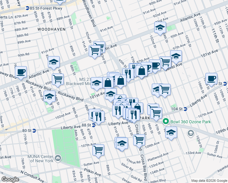map of restaurants, bars, coffee shops, grocery stores, and more near 10123 92nd Street in Queens