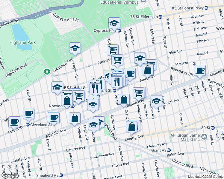 map of restaurants, bars, coffee shops, grocery stores, and more near 3298 Fulton Street in Brooklyn