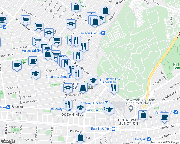map of restaurants, bars, coffee shops, grocery stores, and more near 1503 Bushwick Avenue in Brooklyn