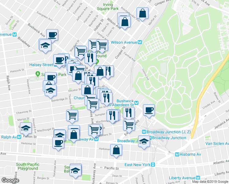 map of restaurants, bars, coffee shops, grocery stores, and more near 1469 Bushwick Avenue in Brooklyn