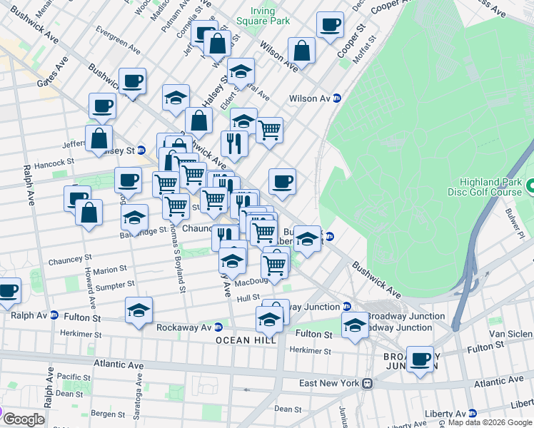 map of restaurants, bars, coffee shops, grocery stores, and more near 630 Chauncey Street in Brooklyn