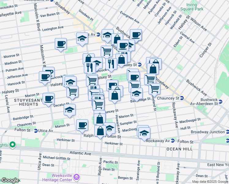 map of restaurants, bars, coffee shops, grocery stores, and more near 160 Howard Avenue in Brooklyn