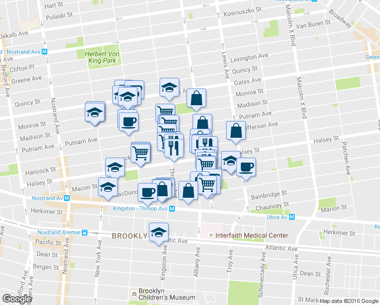 map of restaurants, bars, coffee shops, grocery stores, and more near 333A Halsey Street in Brooklyn