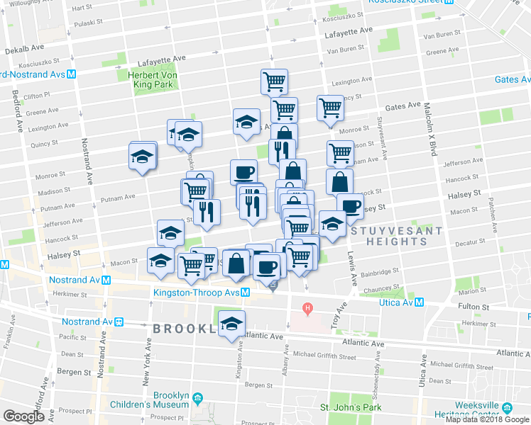 map of restaurants, bars, coffee shops, grocery stores, and more near 333A Halsey Street in Brooklyn