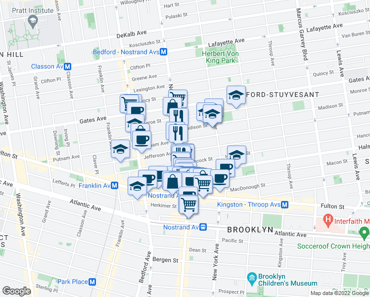 map of restaurants, bars, coffee shops, grocery stores, and more near 425 Nostrand Avenue in Brooklyn