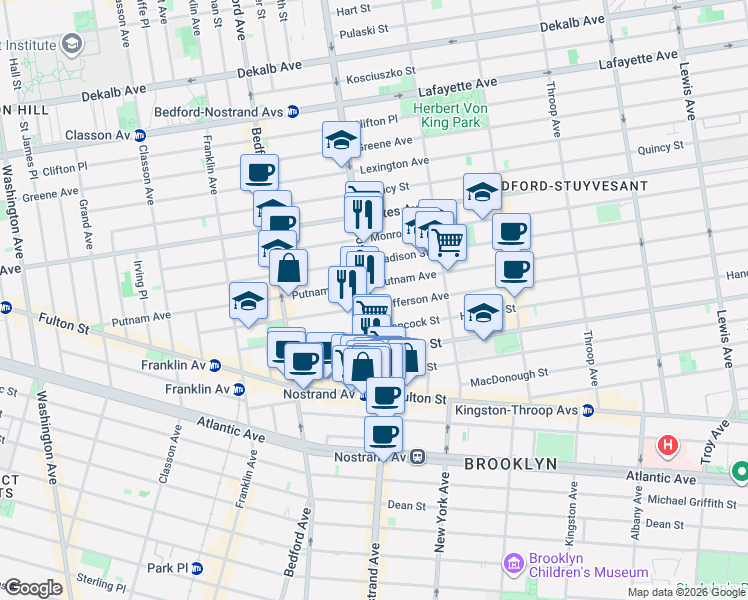 map of restaurants, bars, coffee shops, grocery stores, and more near 425 Nostrand Avenue in Brooklyn