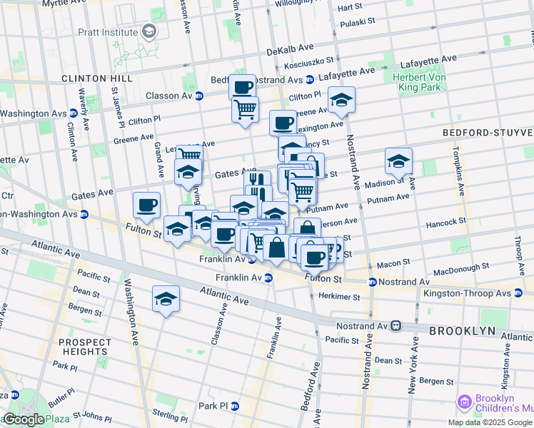 map of restaurants, bars, coffee shops, grocery stores, and more near 463 Franklin Avenue in Brooklyn