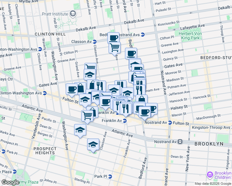 map of restaurants, bars, coffee shops, grocery stores, and more near 3 Claver Place in Brooklyn
