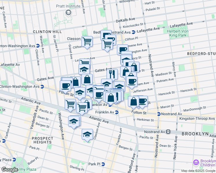 map of restaurants, bars, coffee shops, grocery stores, and more near 3 Claver Place in Brooklyn