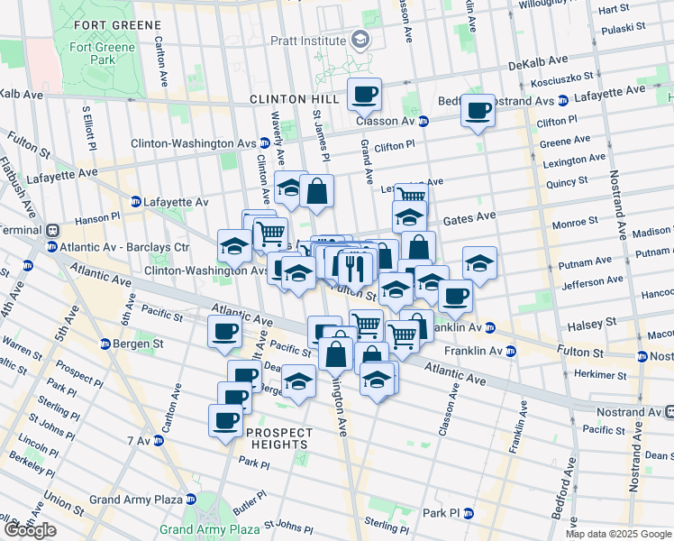 map of restaurants, bars, coffee shops, grocery stores, and more near 983 Fulton Street in Brooklyn