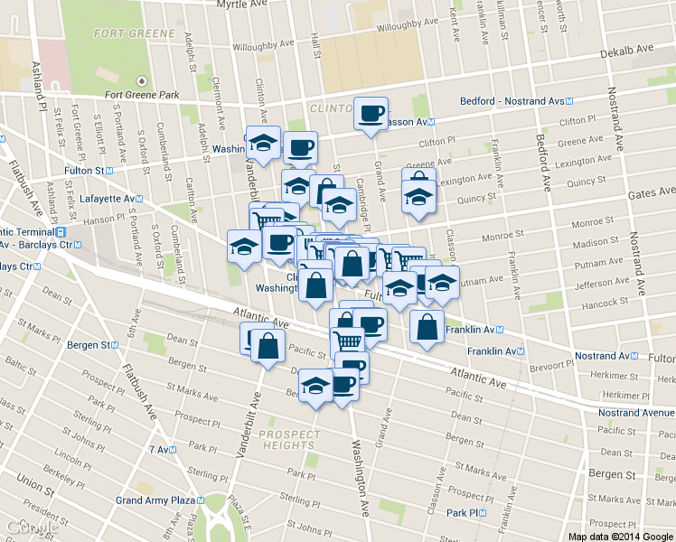 map of restaurants, bars, coffee shops, grocery stores, and more near 900 Fulton Street in Brooklyn