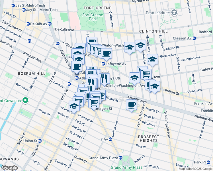 map of restaurants, bars, coffee shops, grocery stores, and more near 213 South Oxford Street in Brooklyn