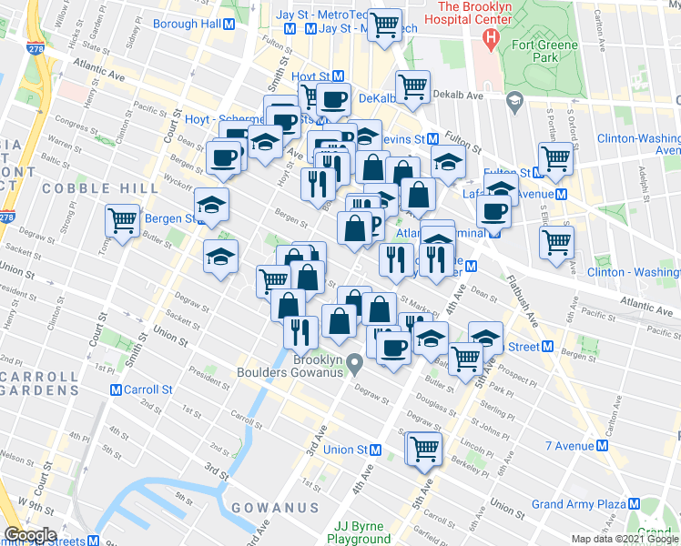 map of restaurants, bars, coffee shops, grocery stores, and more near 180 Nevins Street in Brooklyn