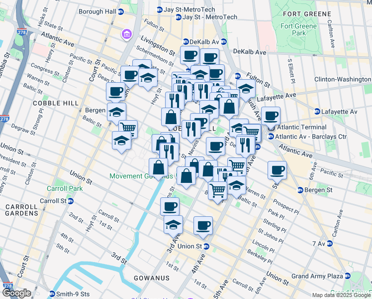 map of restaurants, bars, coffee shops, grocery stores, and more near 180 Nevins Street in Brooklyn